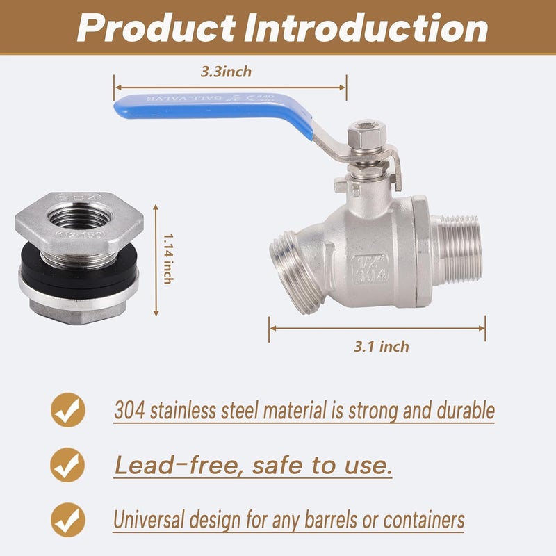 LUOFANT High Flow Rain Barrel Spigot Kit, Lead-Free,304 Stainless Steel Faucet Kit for Rain Water Barrel, Water Tanks, 55 Gallon Drum Etc, Spigot with Bulkhead Fitting, Tape. - Image 5
